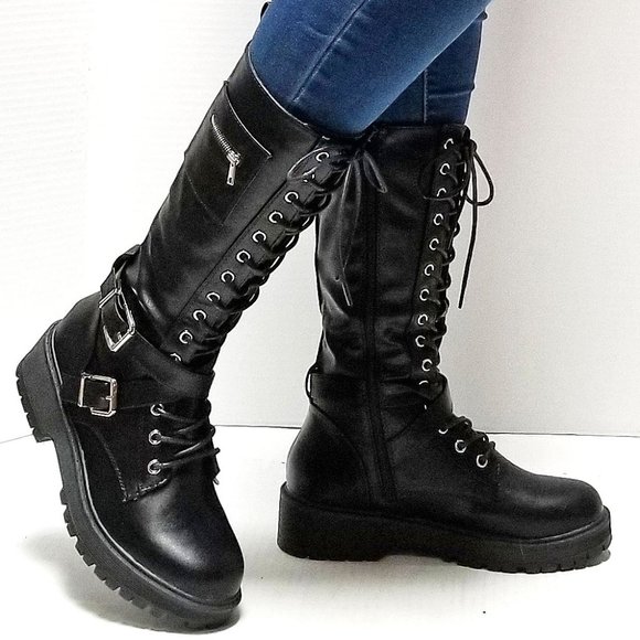 New Black Lace Up Knee High Combat Military Boots - Picture 1 of 6